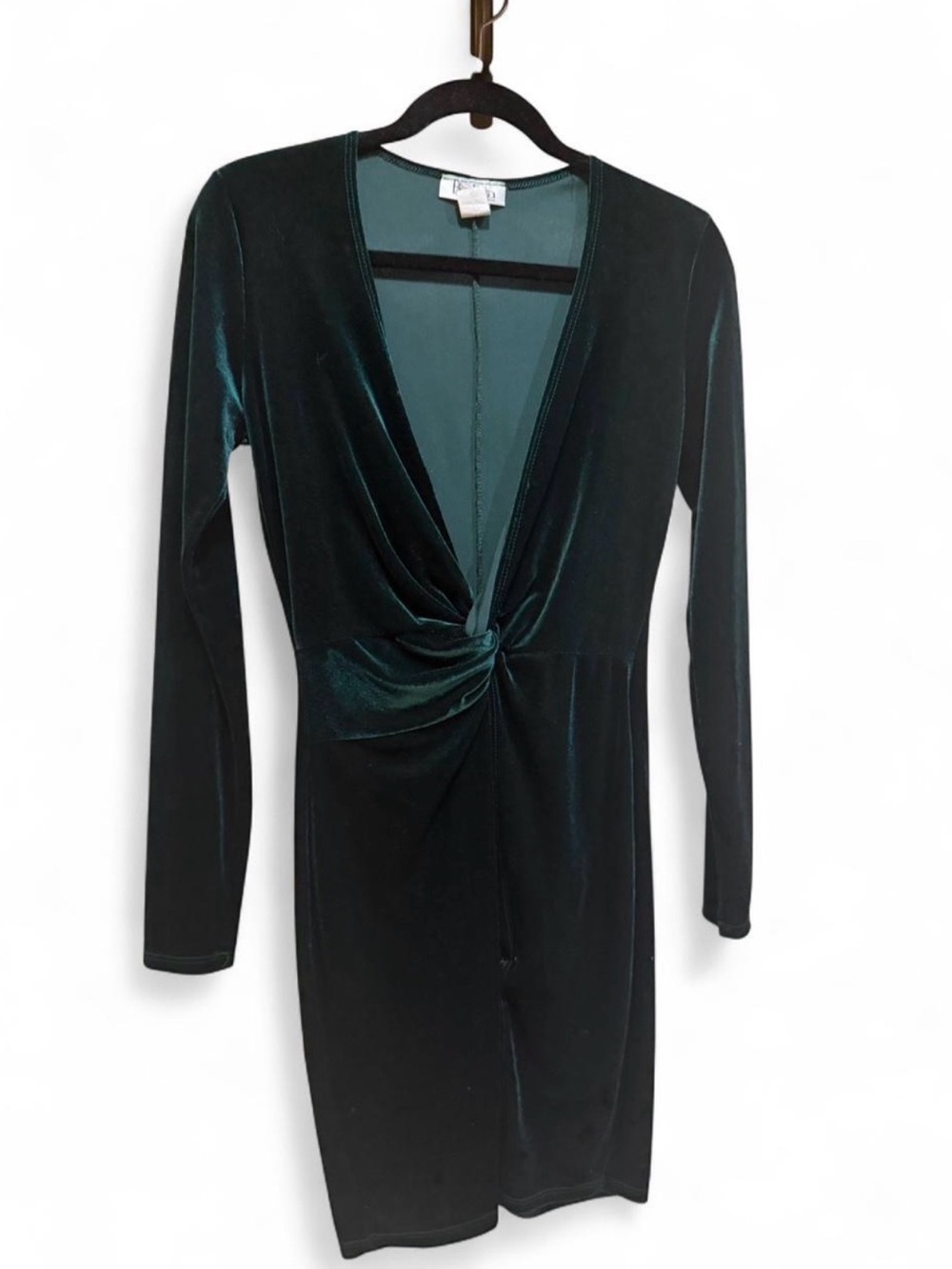 Velvet Twist-Front Long Sleeve Dress - Deep Green